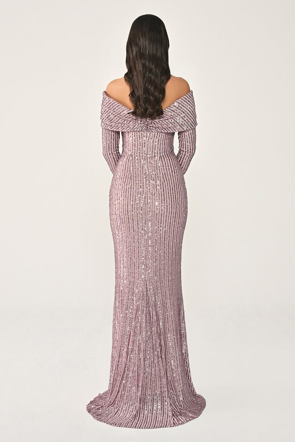 Long Sleeve Drop Shoulder Sequin Long Dress