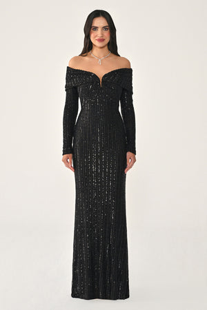 Long Sleeve Drop Shoulder Sequin Long Dress