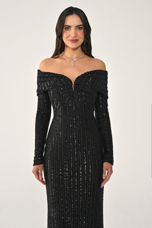 Long Sleeve Drop Shoulder Sequin Long Dress