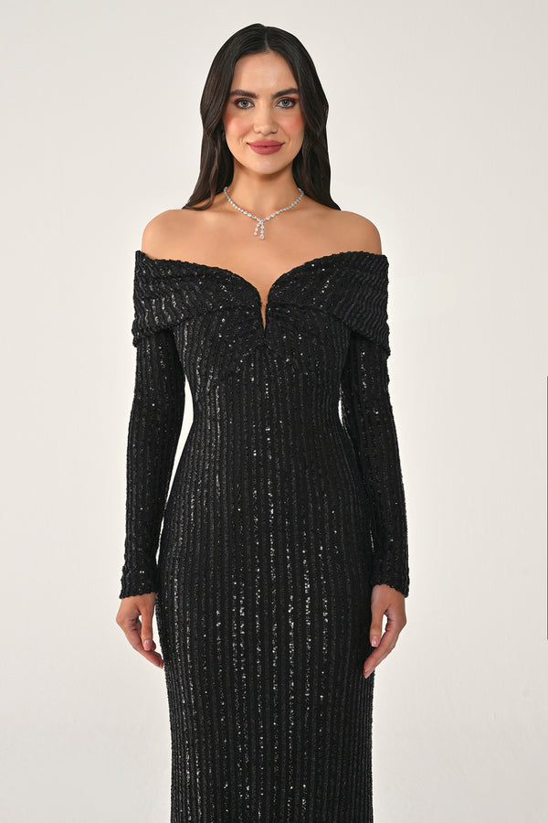 Long Sleeve Drop Shoulder Sequin Long Dress