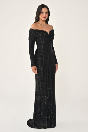 Long Sleeve Drop Shoulder Sequin Long Dress