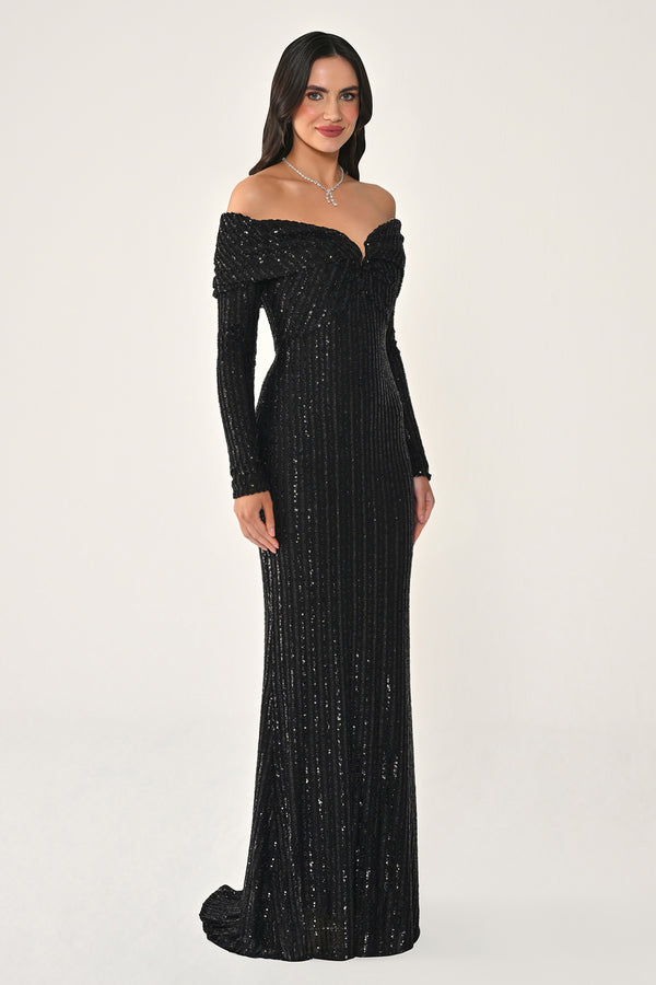 Long Sleeve Drop Shoulder Sequin Long Dress
