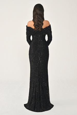 Long Sleeve Drop Shoulder Sequin Long Dress