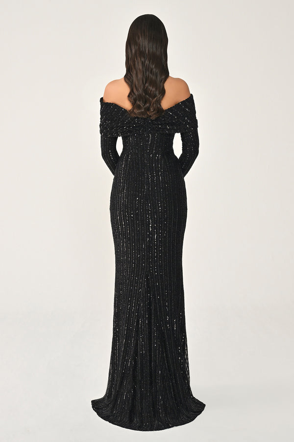 Long Sleeve Drop Shoulder Sequin Long Dress