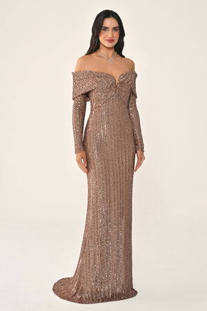 Long Sleeve Drop Shoulder Sequin Long Dress