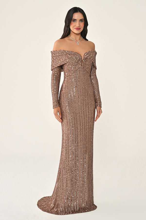 Long Sleeve Drop Shoulder Sequin Long Dress