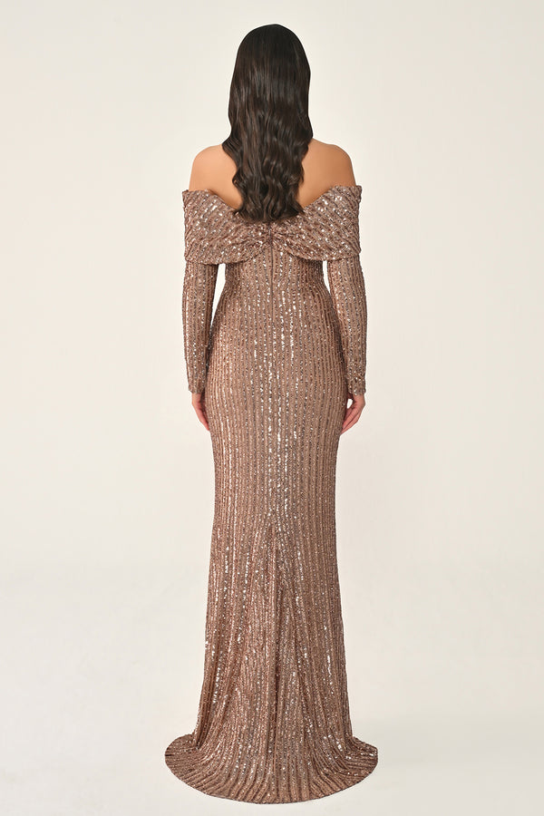 Long Sleeve Drop Shoulder Sequin Long Dress
