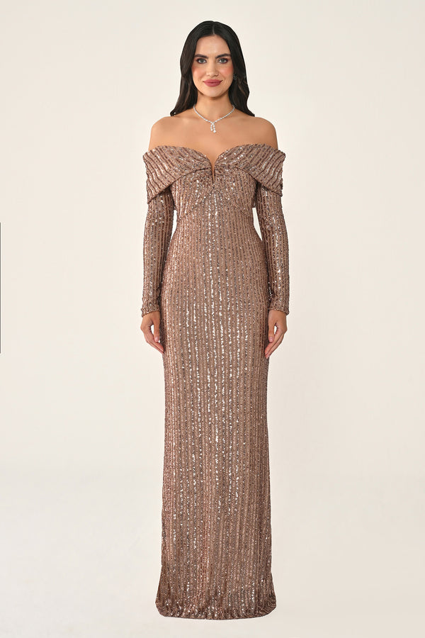 Long Sleeve Drop Shoulder Sequin Long Dress