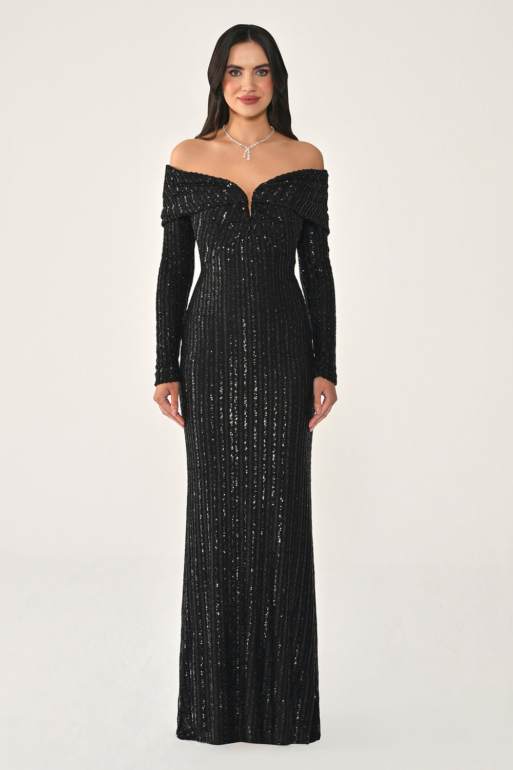 Long Sleeve Drop Shoulder Sequin Long Dress