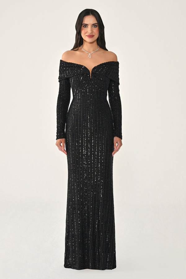 Long Sleeve Drop Shoulder Sequin Long Dress