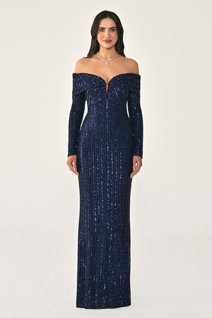 Long Sleeve Drop Shoulder Sequin Long Dress