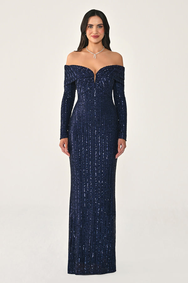 Long Sleeve Drop Shoulder Sequin Long Dress