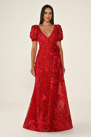 Long Sleeve 3D Floral Embellished Long Dress
