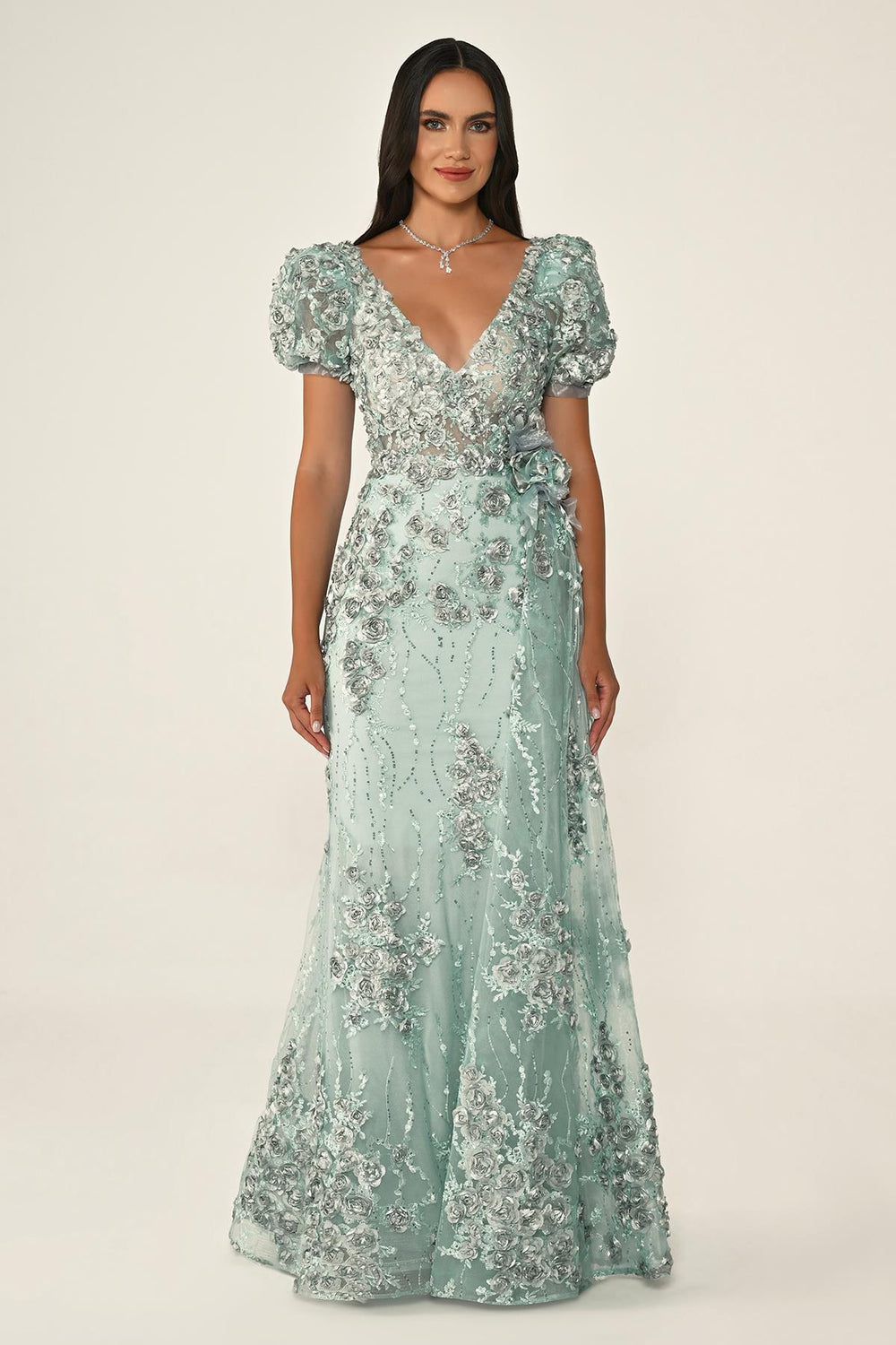 Long Sleeve 3D Floral Embellished Long Dress