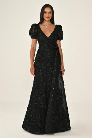 Long Sleeve 3D Floral Embellished Long Dress