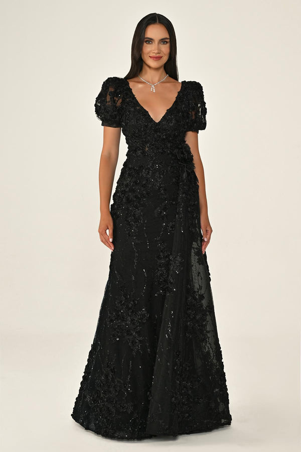 Long Sleeve 3D Floral Embellished Long Dress
