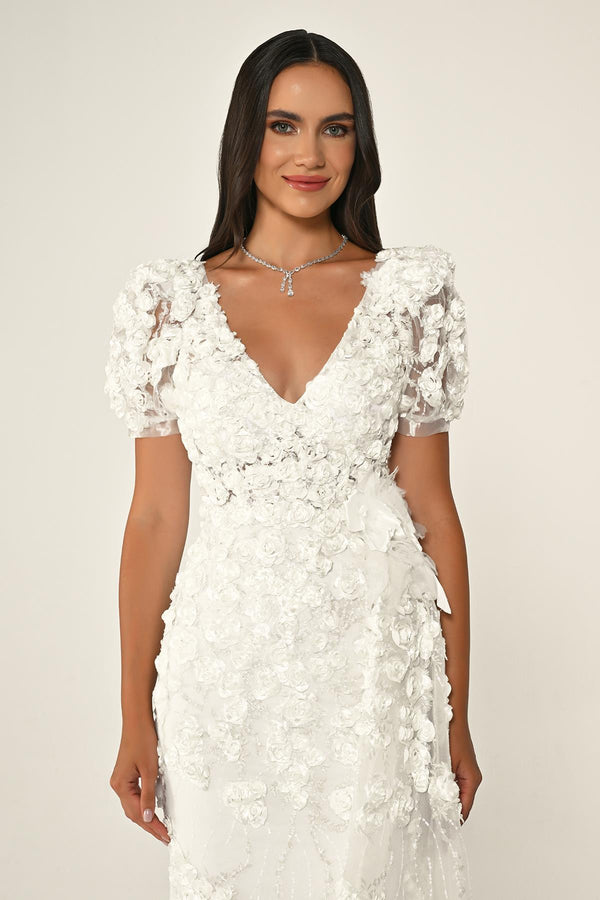 Long Sleeve 3D Floral Embellished Long Dress