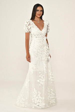 Long Sleeve 3D Floral Embellished Long Dress