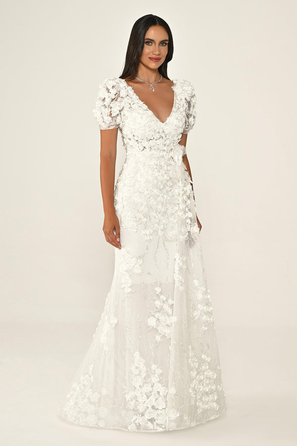 Long Sleeve 3D Floral Embellished Long Dress