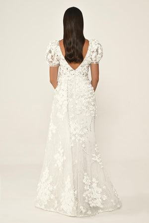 Long Sleeve 3D Floral Embellished Long Dress