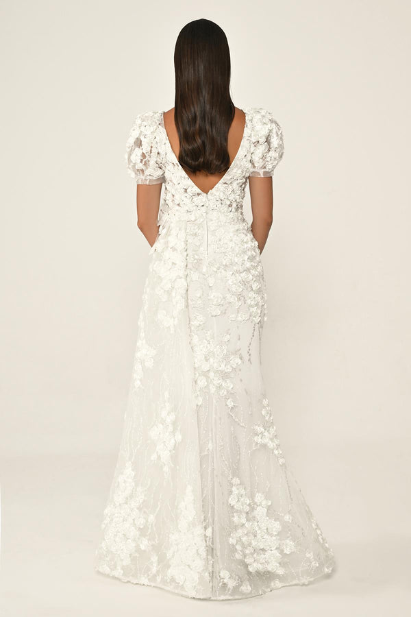 Long Sleeve 3D Floral Embellished Long Dress