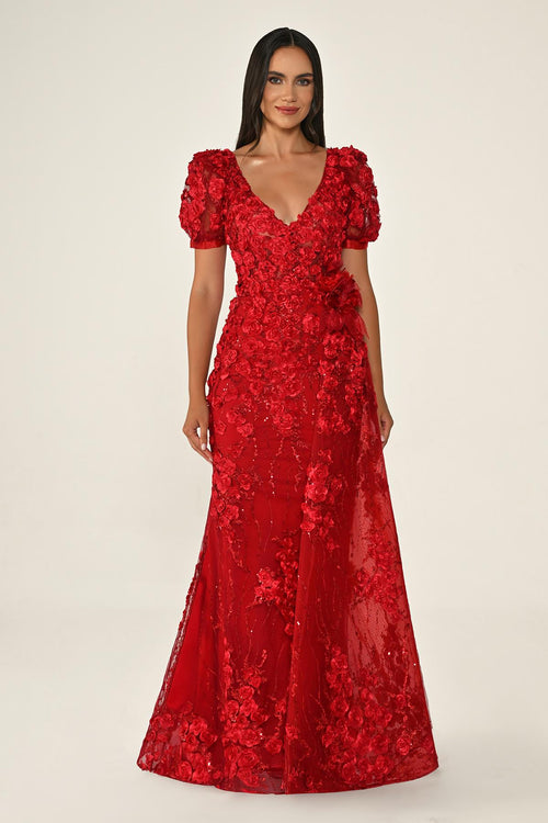 Long Sleeve 3D Floral Embellished Long Dress