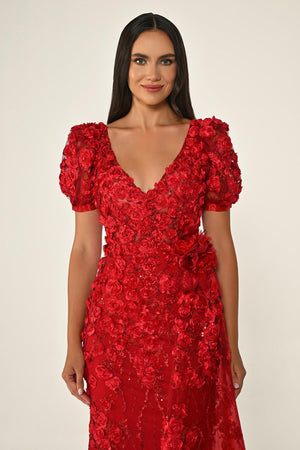 Long Sleeve 3D Floral Embellished Long Dress