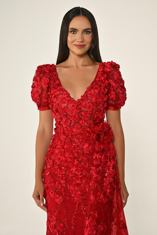 Long Sleeve 3D Floral Embellished Long Dress