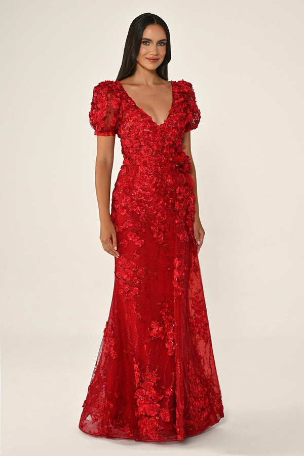 Long Sleeve 3D Floral Embellished Long Dress