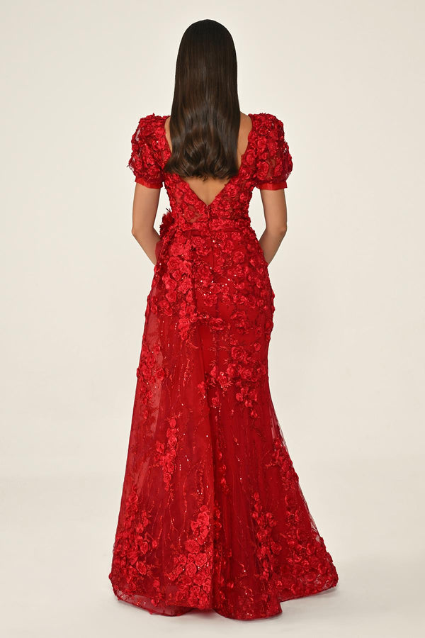 Long Sleeve 3D Floral Embellished Long Dress