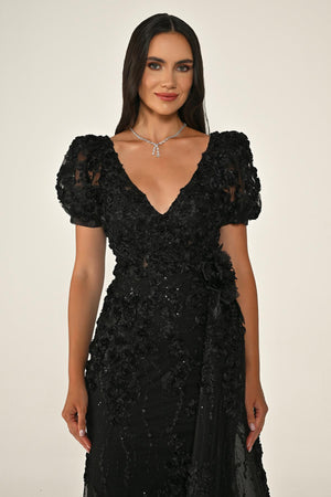 Long Sleeve 3D Floral Embellished Long Dress