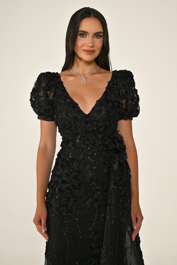 Long Sleeve 3D Floral Embellished Long Dress