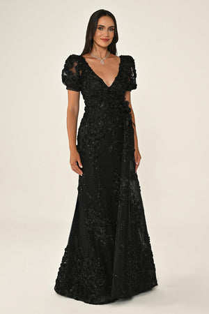 Long Sleeve 3D Floral Embellished Long Dress