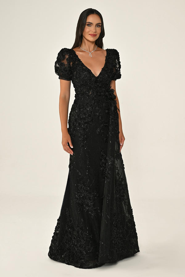 Long Sleeve 3D Floral Embellished Long Dress