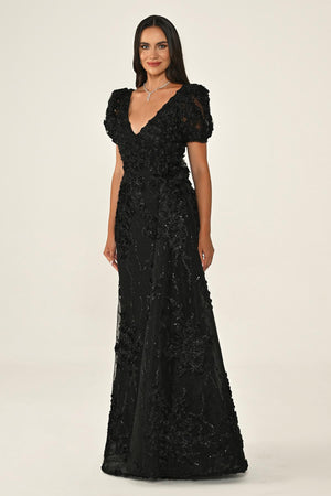 Long Sleeve 3D Floral Embellished Long Dress