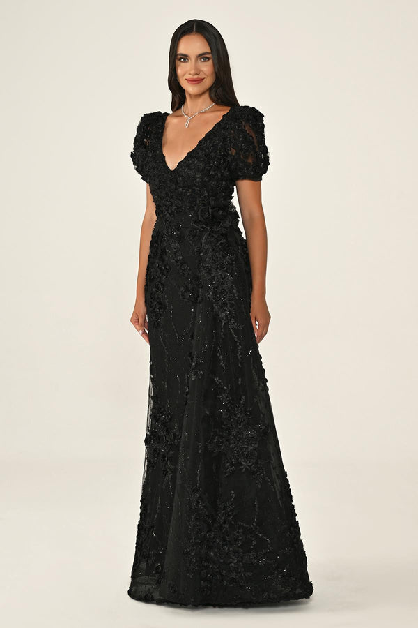 Long Sleeve 3D Floral Embellished Long Dress