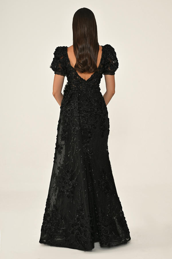 Long Sleeve 3D Floral Embellished Long Dress