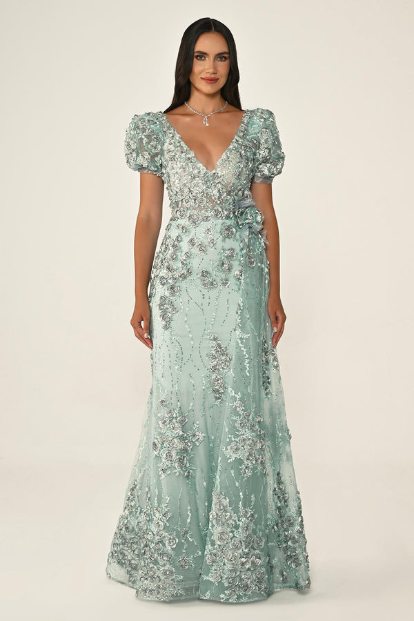 Long Sleeve 3D Floral Embellished Long Dress