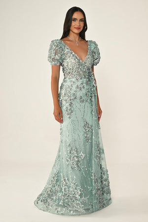 Long Sleeve 3D Floral Embellished Long Dress