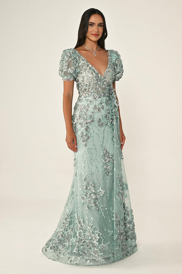 Long Sleeve 3D Floral Embellished Long Dress