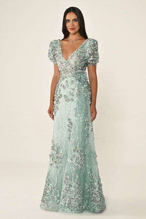 Long Sleeve 3D Floral Embellished Long Dress