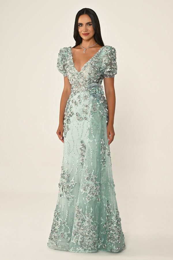 Long Sleeve 3D Floral Embellished Long Dress