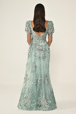 Long Sleeve 3D Floral Embellished Long Dress