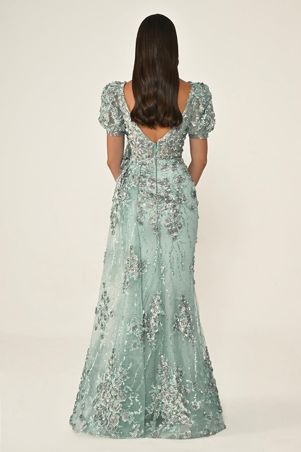 Long Sleeve 3D Floral Embellished Long Dress