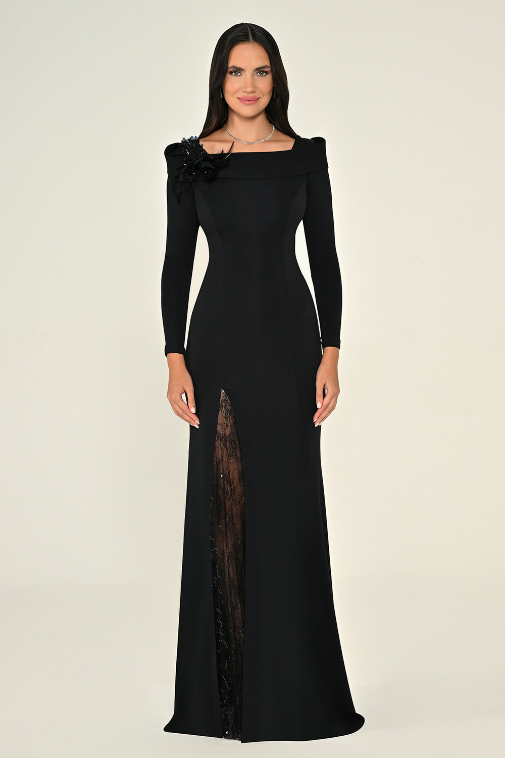 Long Sleeve Lace Slit Knit Long Dress