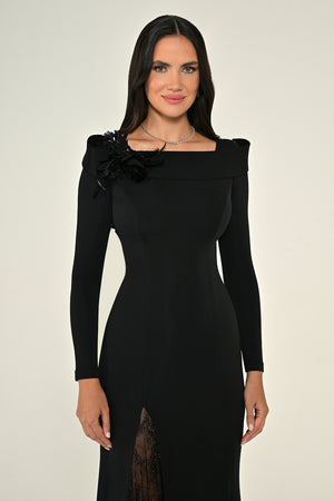 Long Sleeve Lace Slit Knit Long Dress