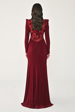 Long Sleeve Lace Slit Knit Long Dress