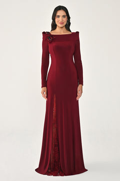 Long Sleeve Lace Slit Knit Long Dress