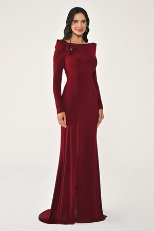 Long Sleeve Lace Slit Knit Long Dress
