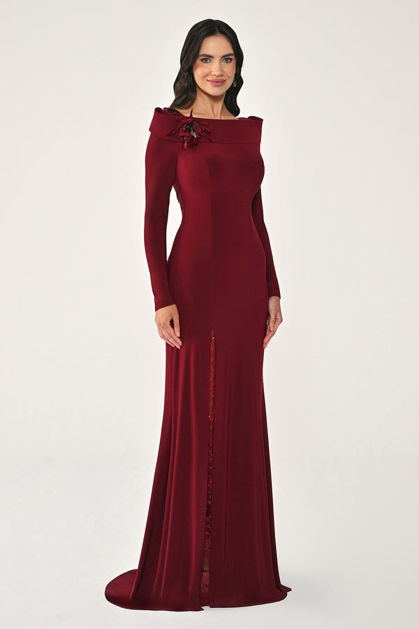 Long Sleeve Lace Slit Knit Long Dress